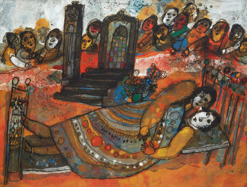 Théo Tobiasse, La foule crie, les passants les regardent, gouache on paper - view 2