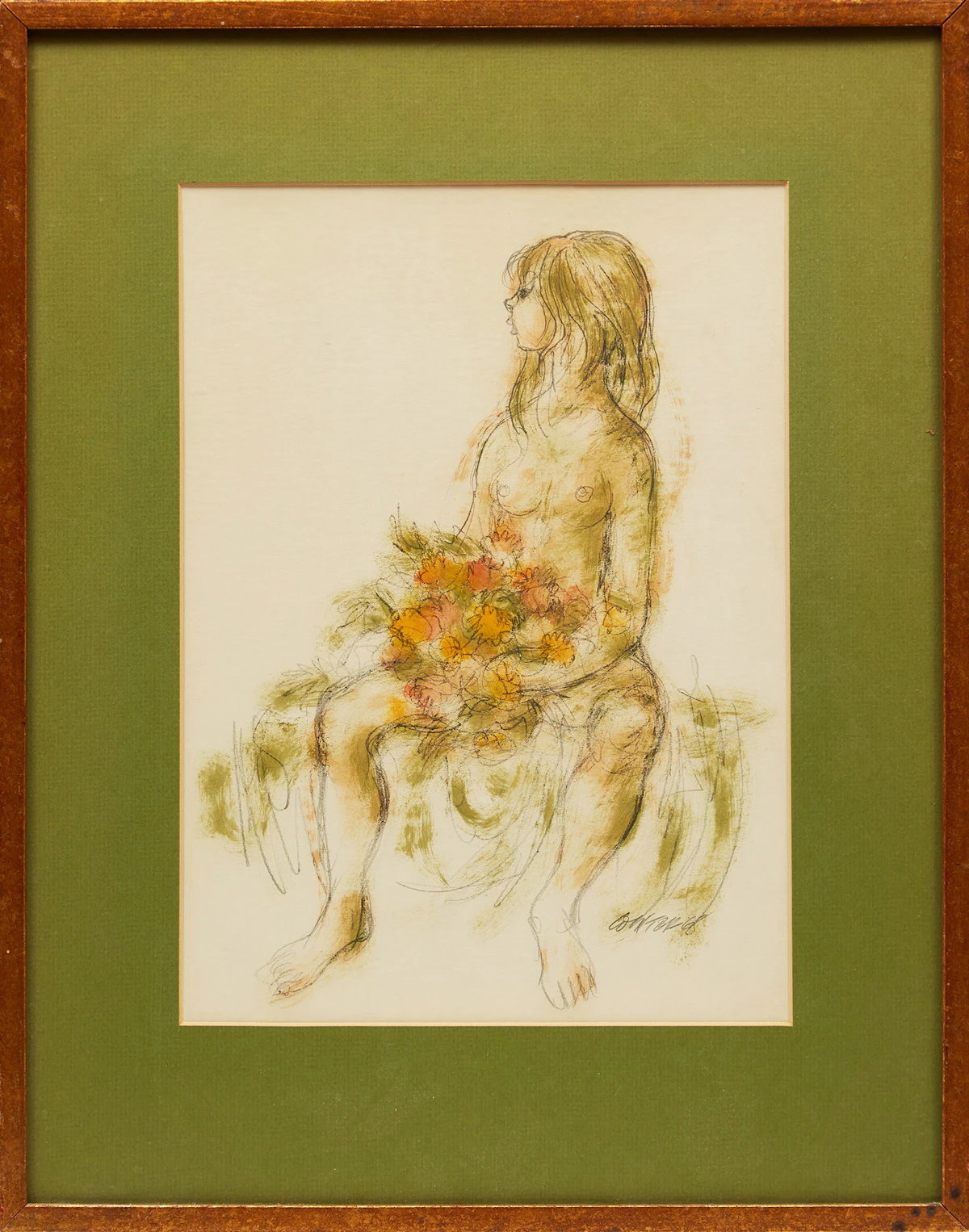 William Arthur Winter, Semi-Nude with Flowers, mixed media on paper, 1968