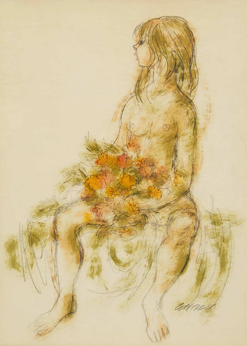 William Arthur Winter, Semi-Nude with Flowers, mixed media on paper, 1968 - view 2