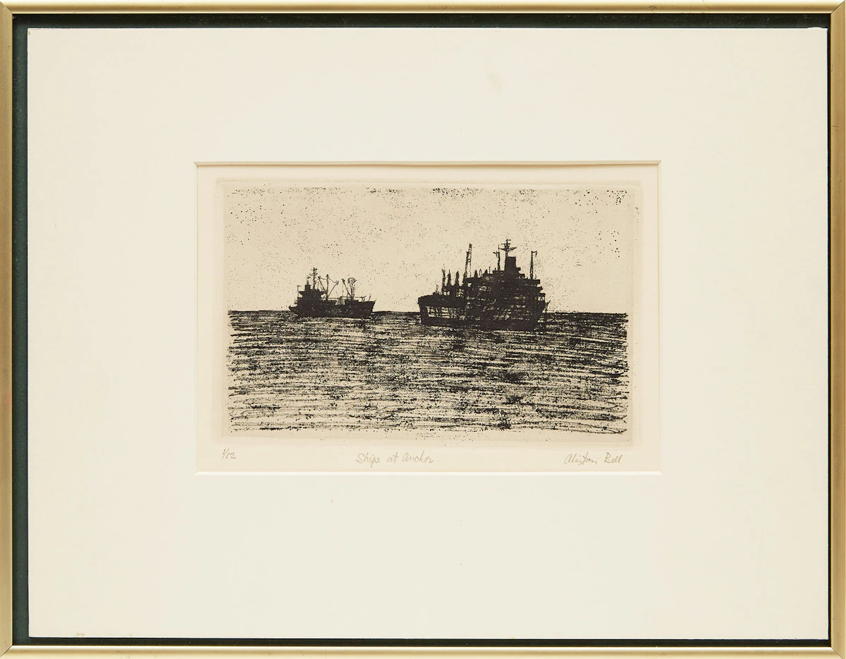 Alistair Macready Bell, Ships at Anchor, softground etching