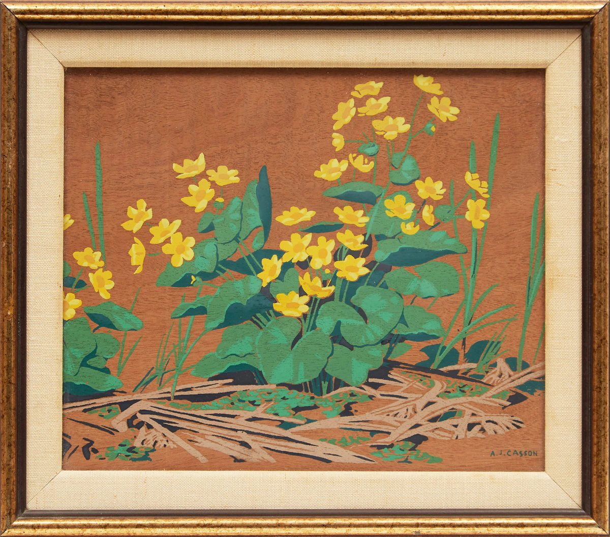 Alfred Joseph Casson, Marsh Marigolds, silkscreen on veneer