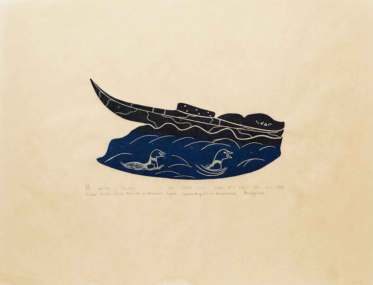 Annie  Amamatuak, Eider Ducks Swim Beside a Beached Kayak, stonecut, 1976