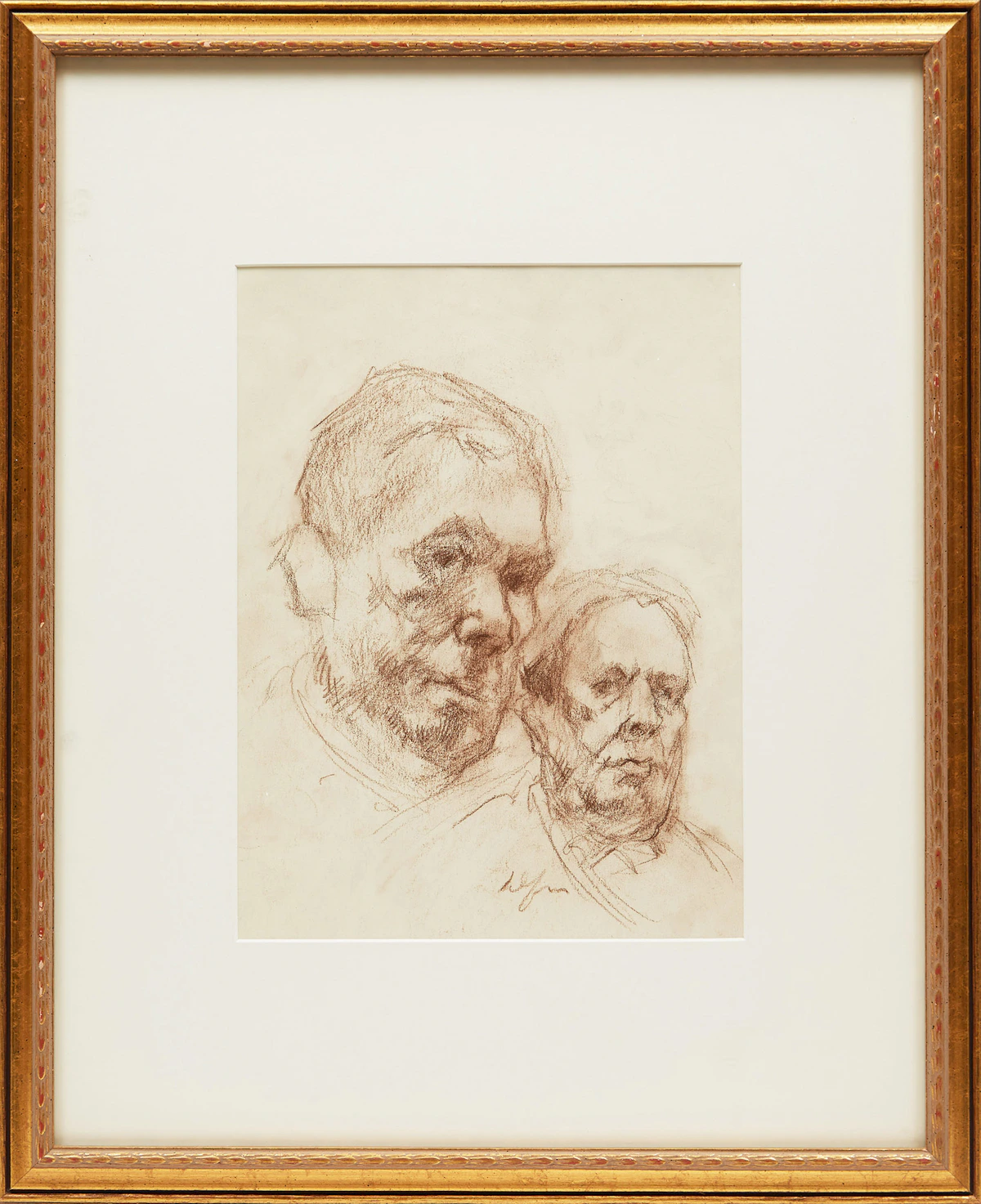 John Alfsen, Double Self Portrait Study, double-sided sepia drawing