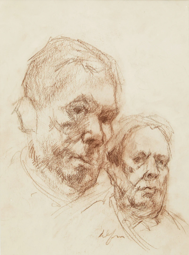 John Alfsen, Double Self Portrait Study, double-sided sepia drawing - view 2