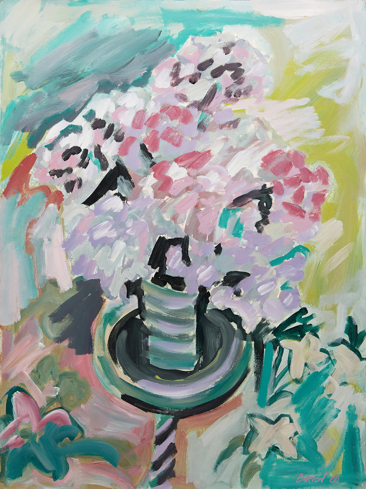 Nixie Barton, Hydrangeas on a 40s Ashtray Without the Marbles, oil on paper, 1988