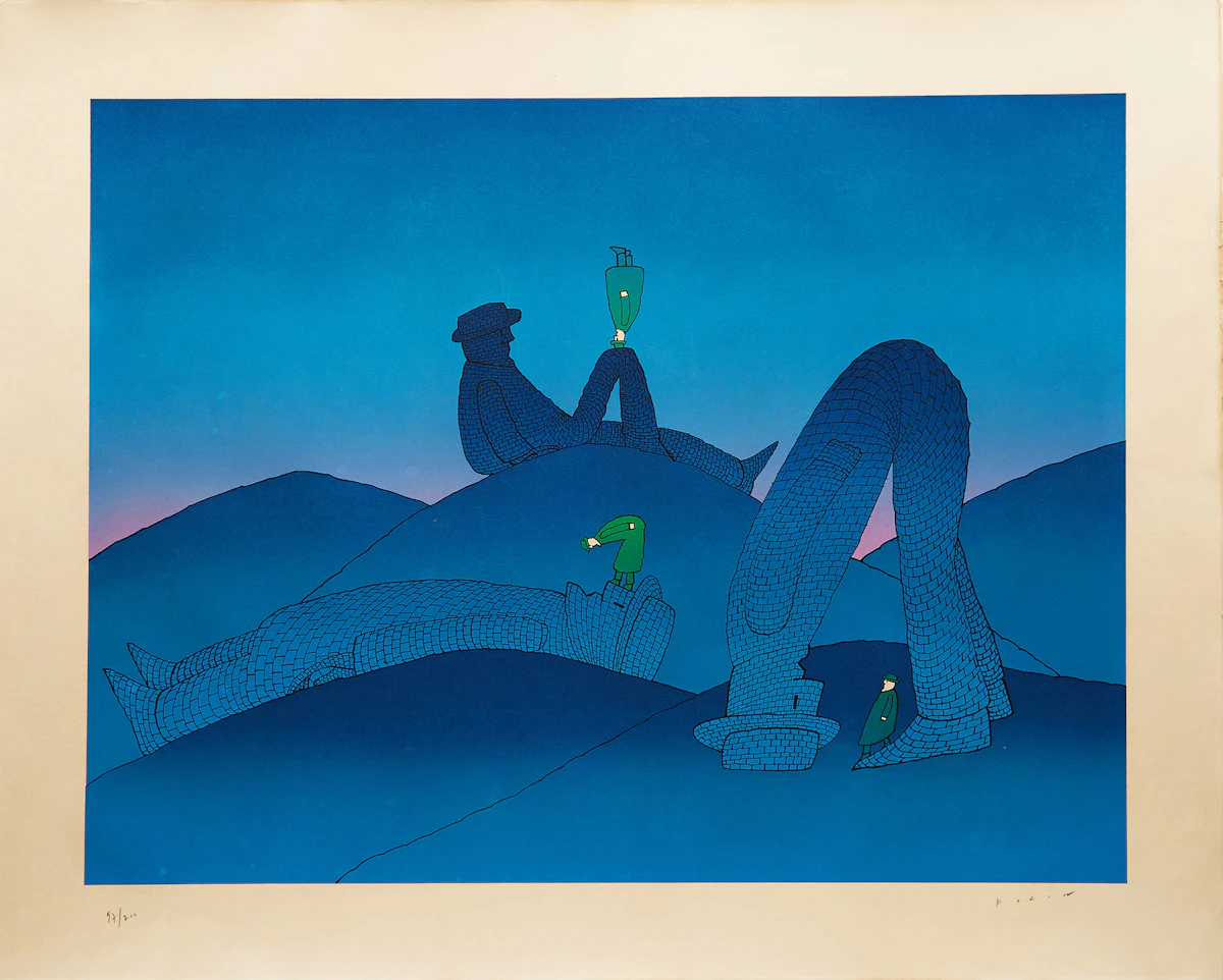 Jean-Michel Folon, Untitled Surrealist Landscape, colour silkscreen