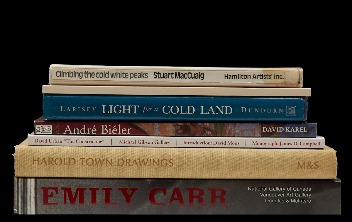 Books and Reference, Light for a Cold Land; Emily Carr; André Bieler at the Crossroads of Canadian Painting; Climbing the Cold White Peaks; Jori Smith: A Celebration; Harold Town Drawings; David Urban: “The Constructor”, seven books