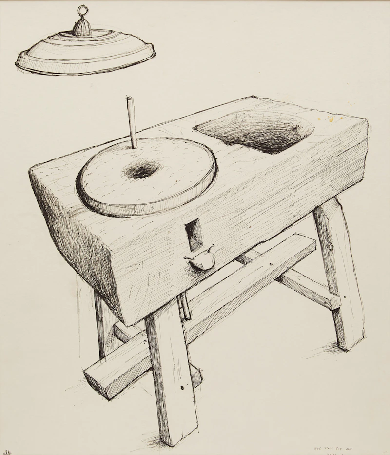 William Kurelek, Box Stove Top and Home Mill, ink drawing - view 2
