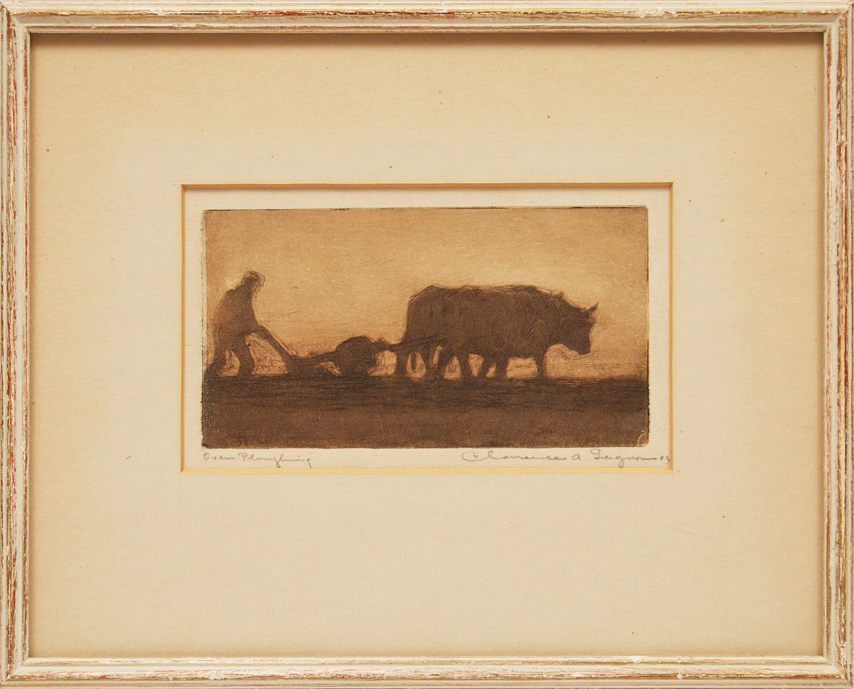 Clarence Alphonse Gagnon, Oxen Ploughing, etching; paper glued to card