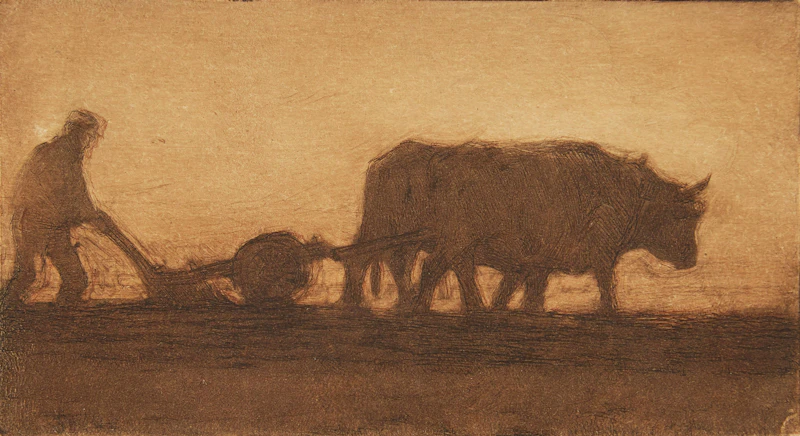 Clarence Alphonse Gagnon, Oxen Ploughing, etching; paper glued to card - view 2