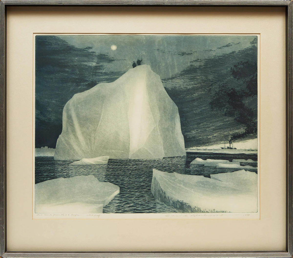 David Lloyd Blackwood, Two Scouts from the S.S. Eagle, colour etching and aquatint, 1975