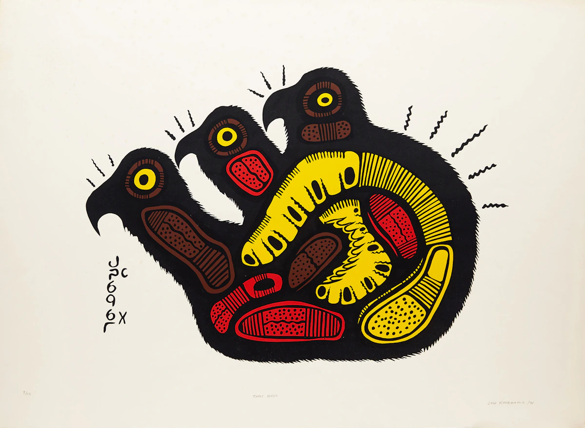 Josh Kakegamic, Three Birds, colour lithograph, 1974