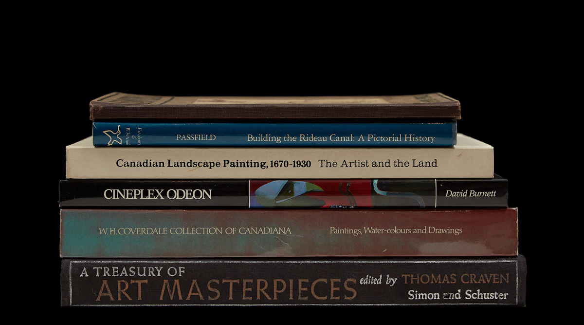 Books and Reference, A Treasury of Art Masterpieces; W.H. Coverdale Collection of Canadiana; Cineplex Odeon: The First Ten Years; Canadian Landscape Painting, 1670-1930; Building the Rideau Canal: A Pictorial History; Old Montreal with Pen and Pencil, six books