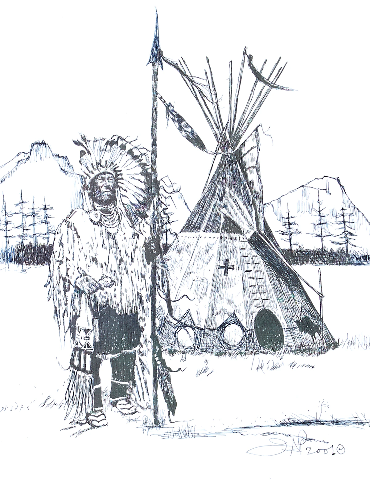 Jane Ash Poitras, Native Figure Beside Teepee, print with ink, 2001