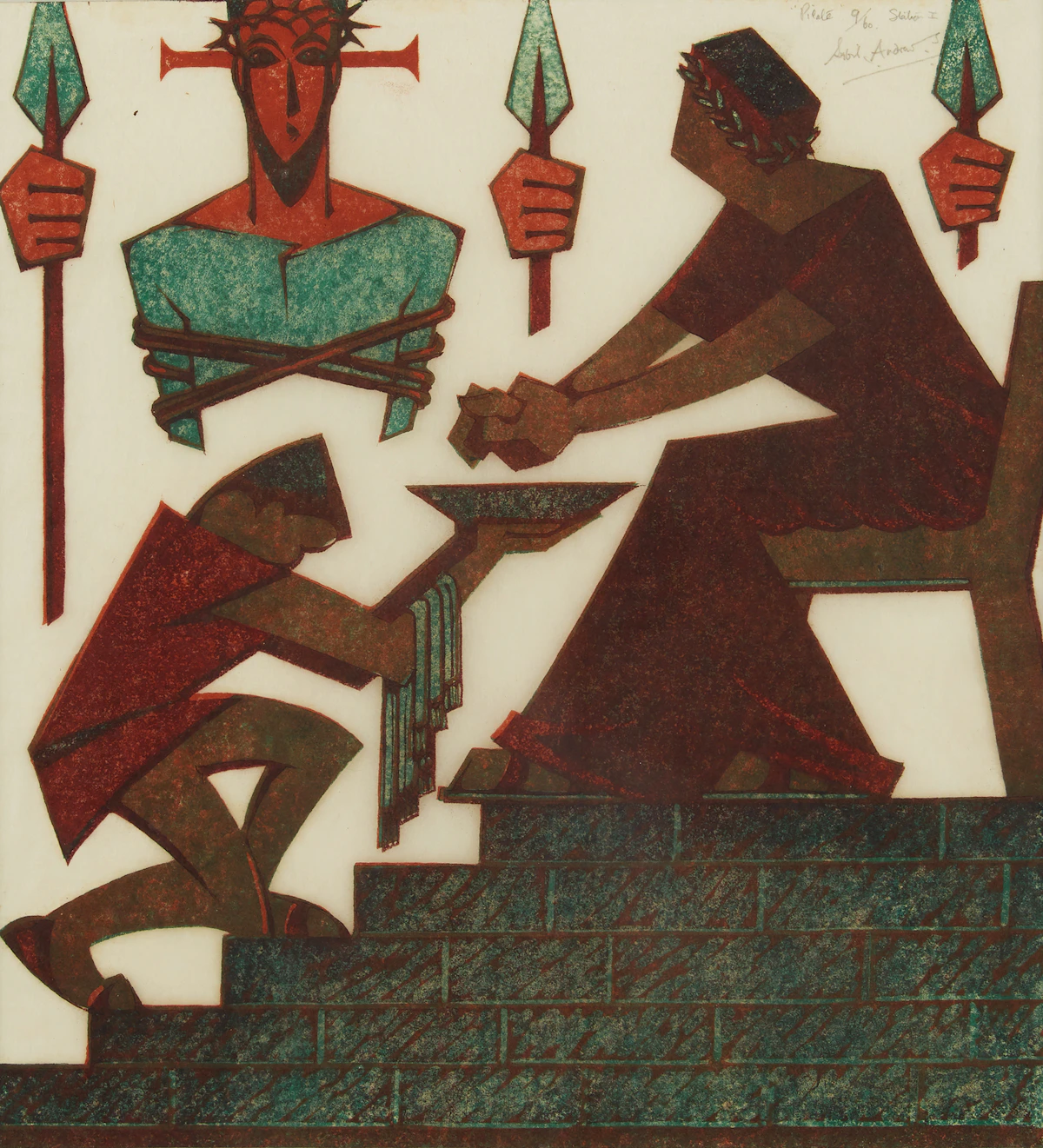 Sybil Andrews, Pilate: Station I, colour linocut