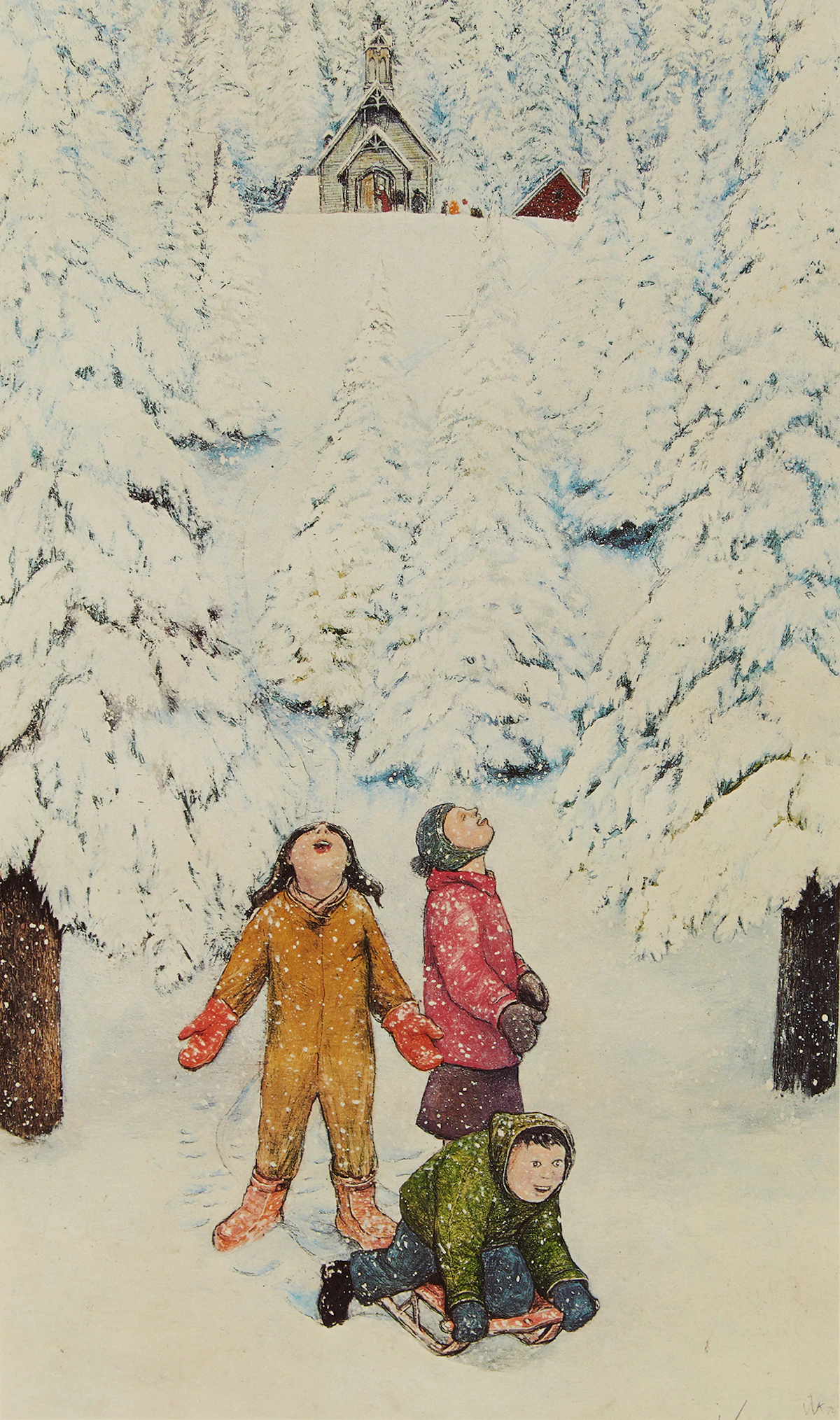 William Kurelek, Excitement of First Heavy Snow, colour lithograph