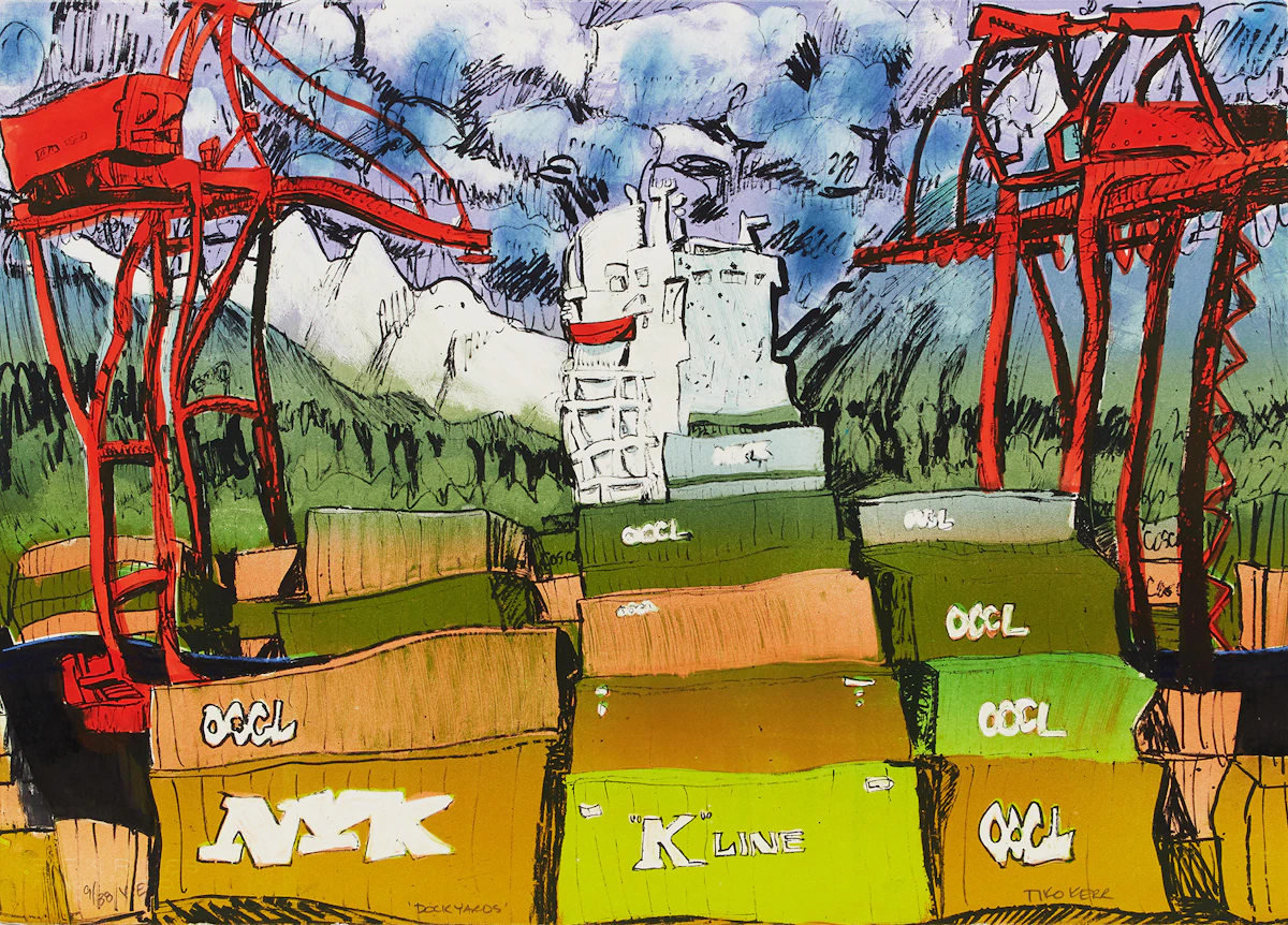 Tiko Kerr, Dockyards, lithograph with hand colouring, 1996