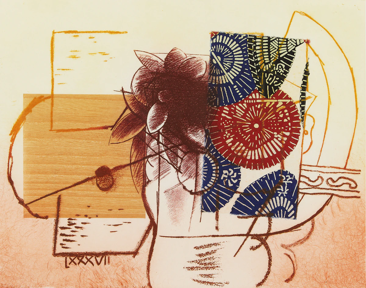 Carl Heywood, Japan Collé with Umbrellas , etching with chine colle