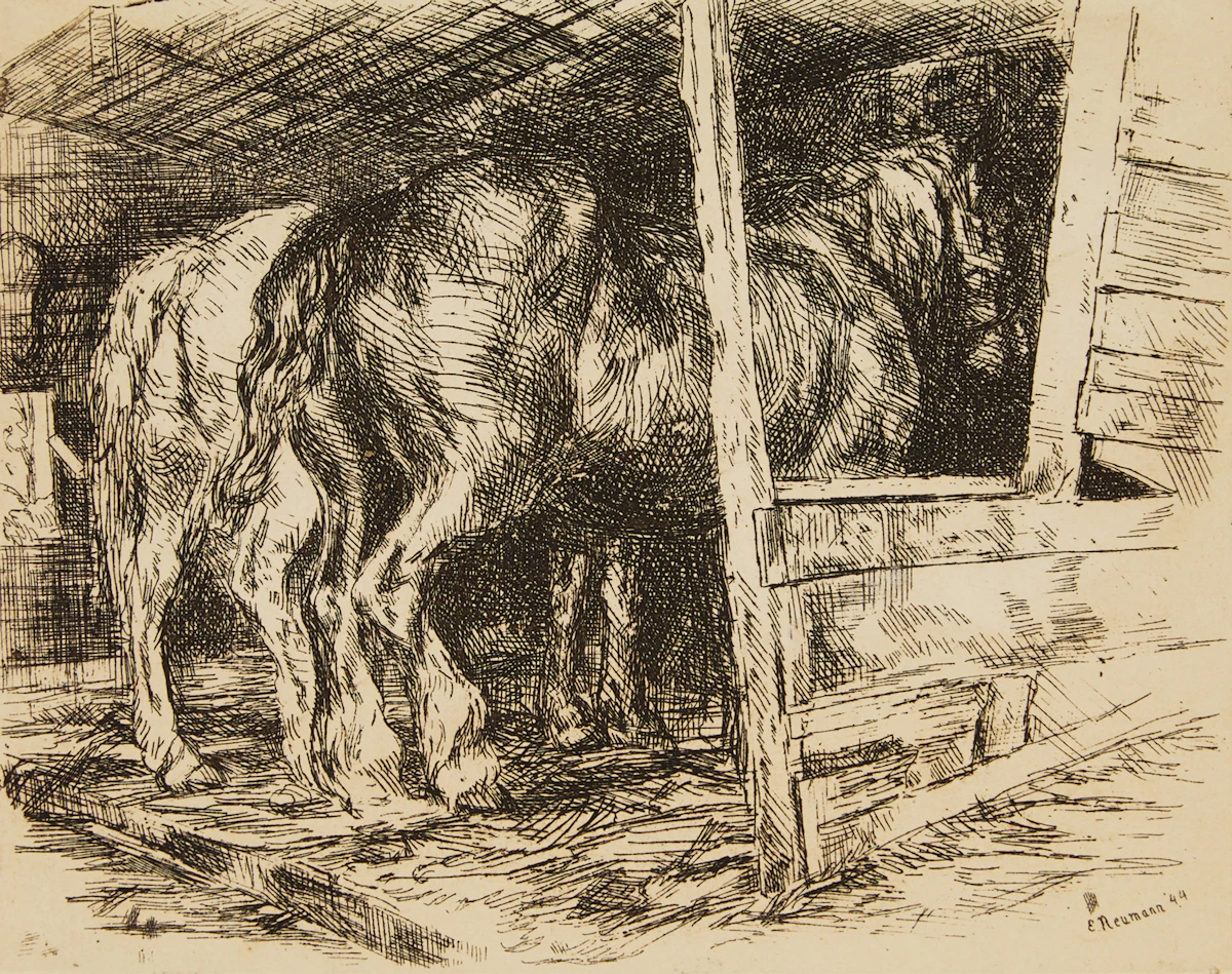 Ernst Neumann, Horses in Stable, etching