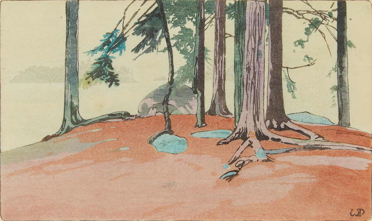 Walter Joseph Phillips, Rain, Lake of the woods, colour woodcut
