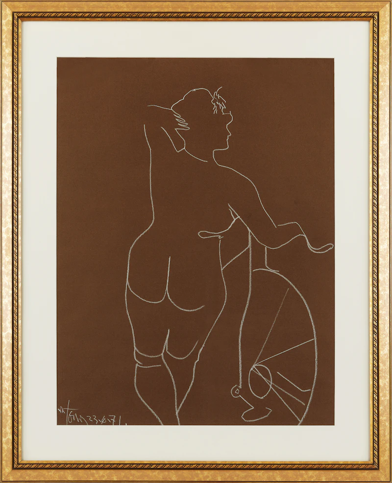 Harold Barling Town, French Post Card (Girl with Bicycle), white conte pencil on paper, 1971 - view 2