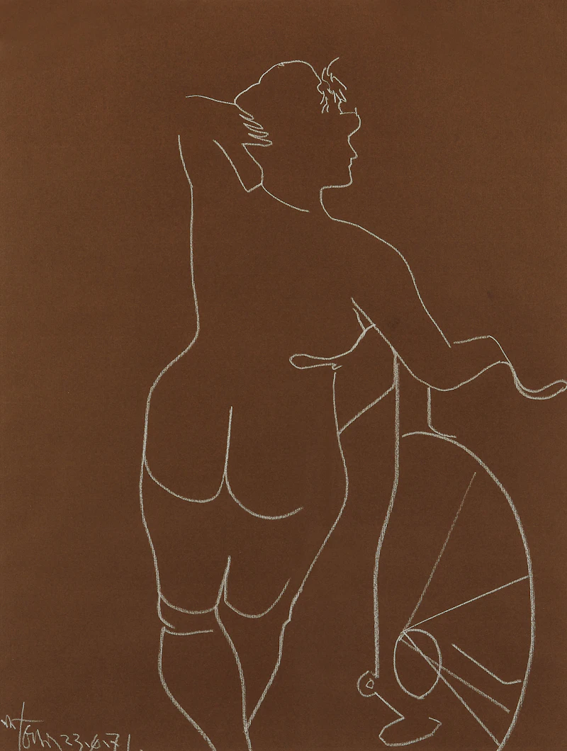 Harold Barling Town, French Post Card (Girl with Bicycle), white conte pencil on paper, 1971 - view 3
