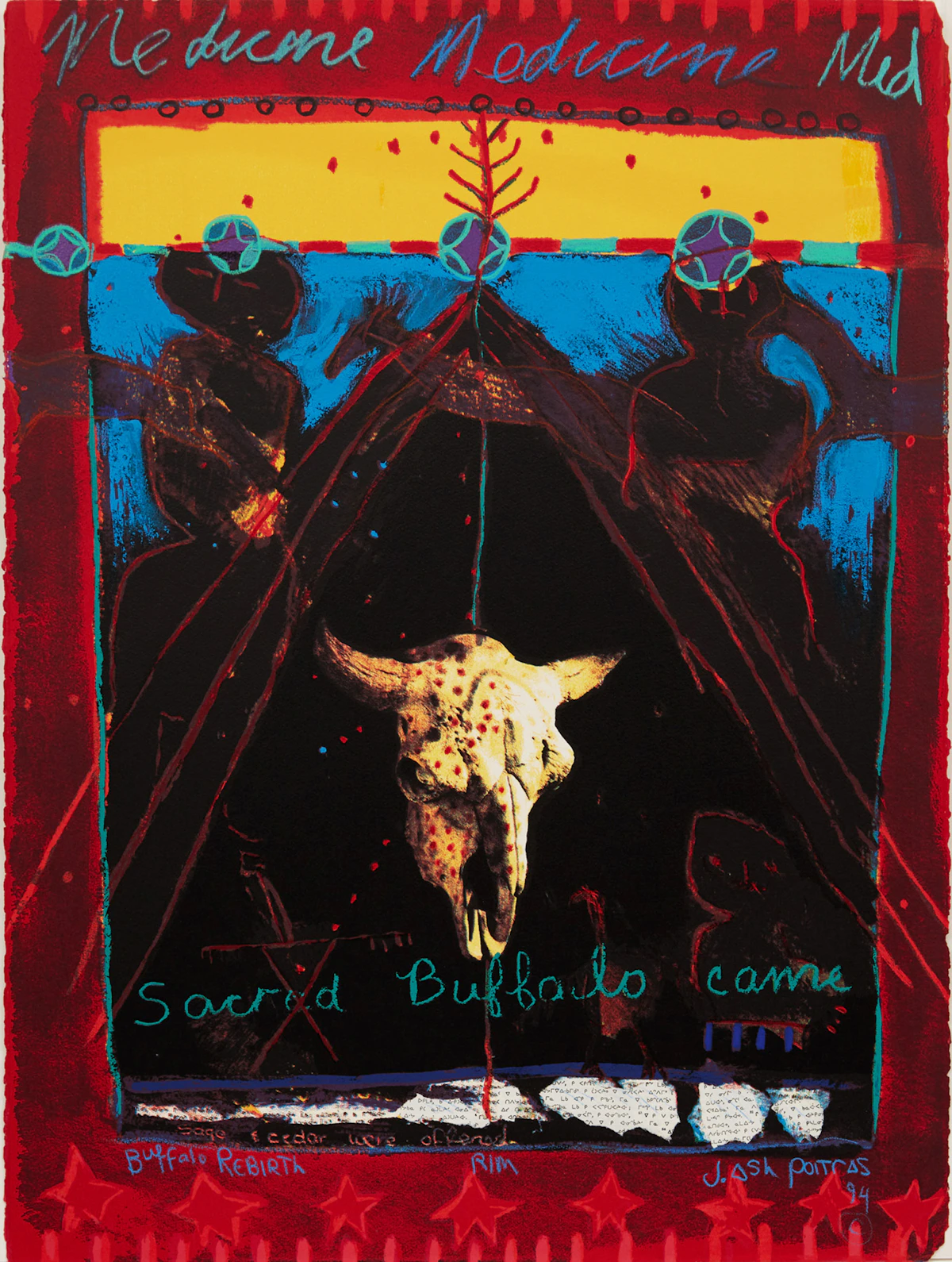 Jane Ash Poitras, Untitled - Sacred Buffalo Came (Buffalo Rebirth), mixed media on paper, 1994
