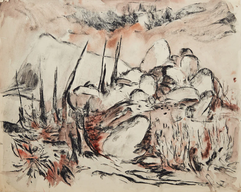 Alexander Samuel Millar, Burnt Spruce in Hilly Landscape; Burnt Spruce; Abstract Forest; Burnt Spruce and Rocks