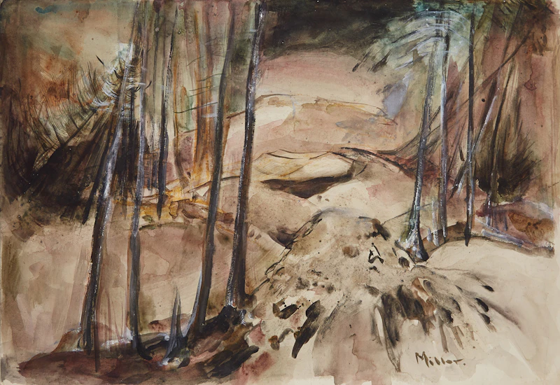 Alexander Samuel Millar, Burnt Spruce in Hilly Landscape; Burnt Spruce; Abstract Forest; Burnt Spruce and Rocks, laid down on board - view 2