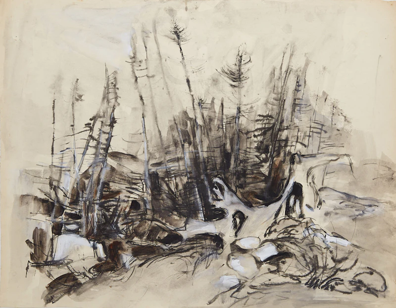 Alexander Samuel Millar, Burnt Spruce in Hilly Landscape; Burnt Spruce; Abstract Forest; Burnt Spruce and Rocks, laid down on board - view 3
