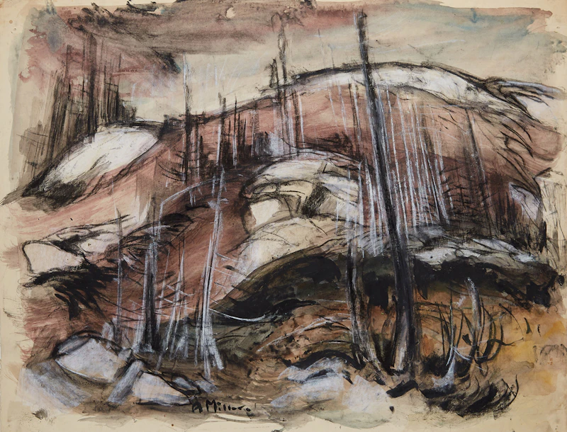 Alexander Samuel Millar, Burnt Spruce in Hilly Landscape; Burnt Spruce; Abstract Forest; Burnt Spruce and Rocks, laid down on board - view 4