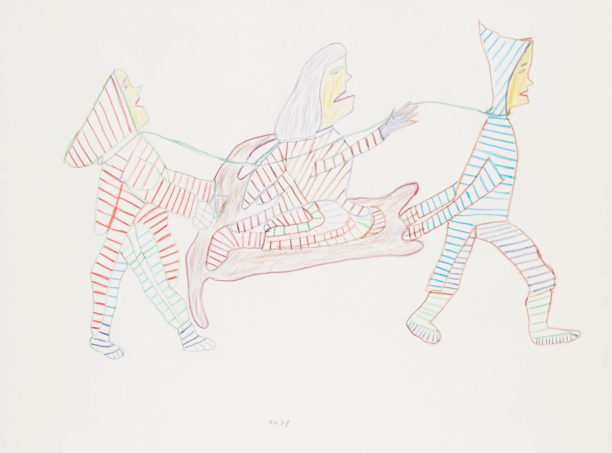 Ruth Annaqtuusi Tulurialik, Two Men Carrying a Woman, coloured pencil on paper
