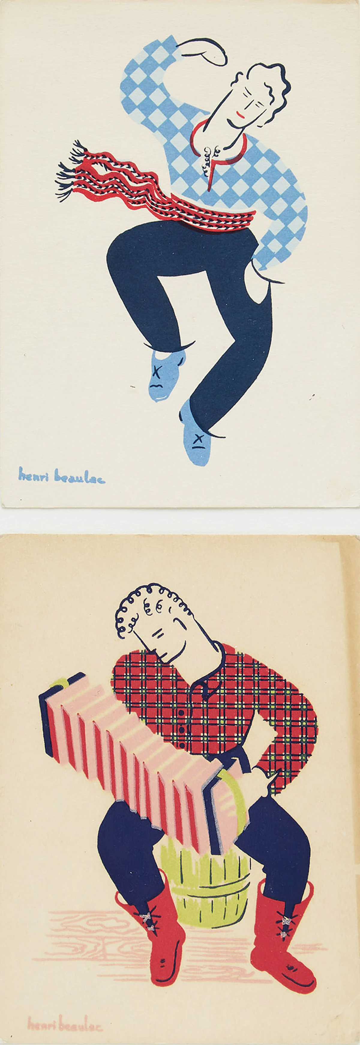 Henri Beaulac, Quebecois in Music and Dance (L’accordéoniste et Le gigueur), colour serigraph