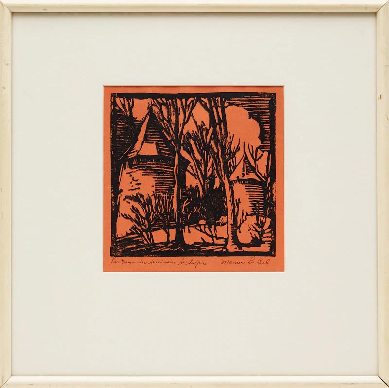 Maurice LeBel, Le tours du Séminaire Saint-Sulpice, colour woodcut on orange paper - view 2