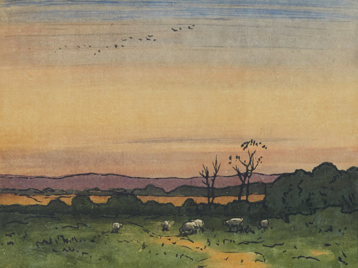 Elizabeth Christie Austen Brown, Grazing Sheep, colour woodcut