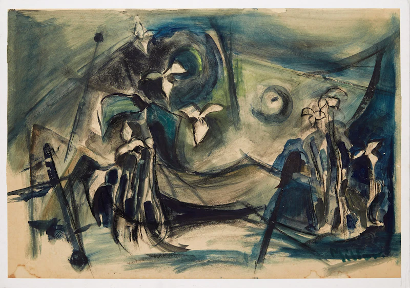 Alexander Samuel Millar, Abstract Landscape; Abstract Landscape; Abstract Floral Composition; Landscape with Flowering Bush, 4 works on paper laid down on board - view 3
