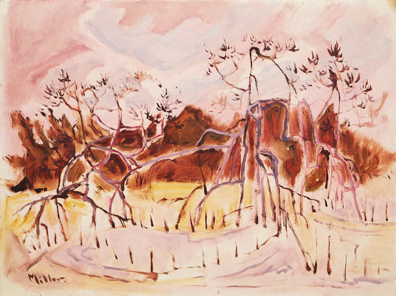 Alexander Samuel Millar, Coastal Landscape with Sumac; Trees at Water’s Edge; Pink Landscape with Sumac; Abstract Forest, 4 watercolours on paper laid down on board - view 2
