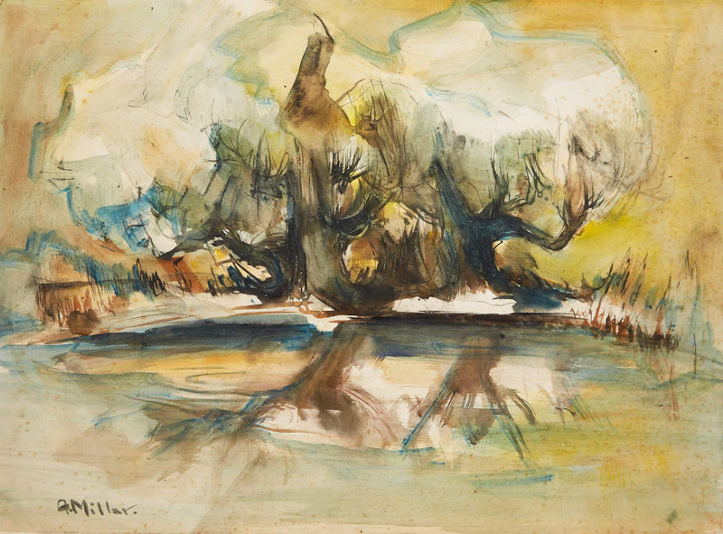 Alexander Samuel Millar, Coastal Landscape with Sumac; Trees at Water’s Edge; Pink Landscape with Sumac; Abstract Forest, 4 watercolours on paper laid down on board - view 3