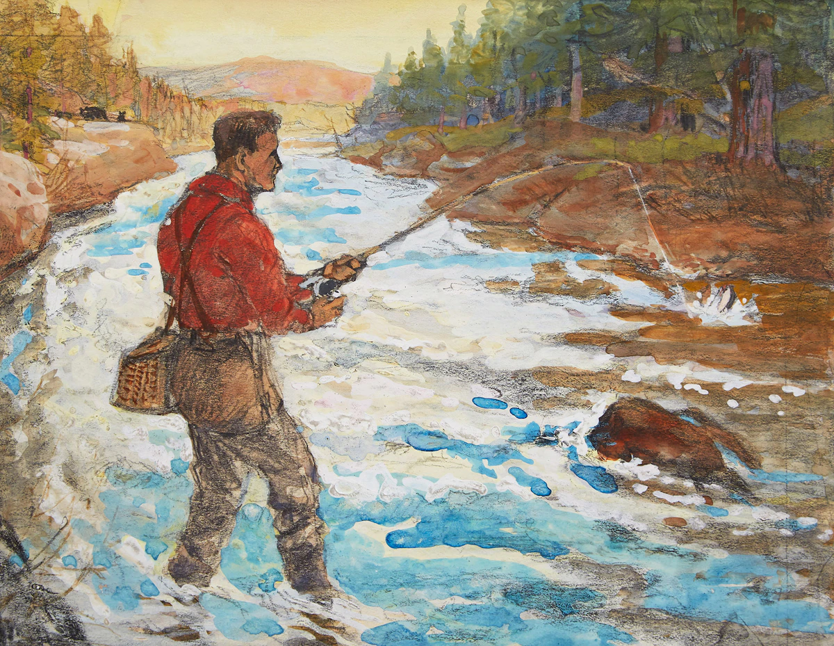 Arthur Henry Hider, Fishing, watercolour and graphite on paper