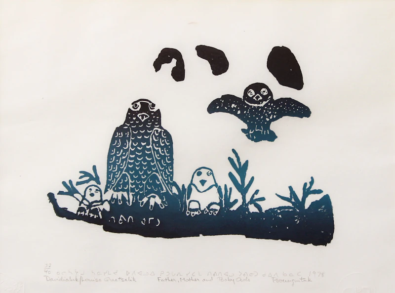 Davidialuk Alasua Amittu, Father, Mother and Baby Owls, stonecut print, 1978 - view 1