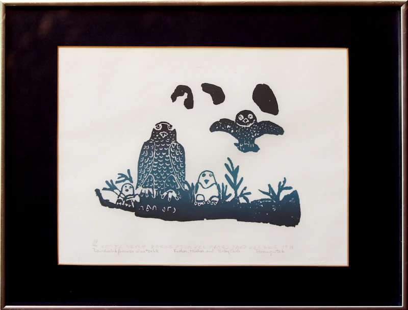 Davidialuk Alasua Amittu, Father, Mother and Baby Owls, stonecut print, 1978 - view 2