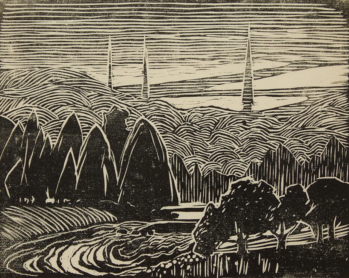 Mary Evelyn Wrinch, Three Steeples, blockprint