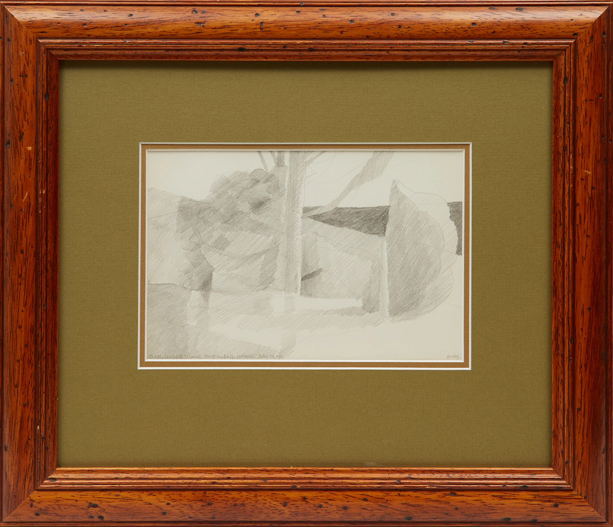 Toni Onley, Trees, Lookout Island, Pointe au Baril, Ontario, pencil drawing, 1971