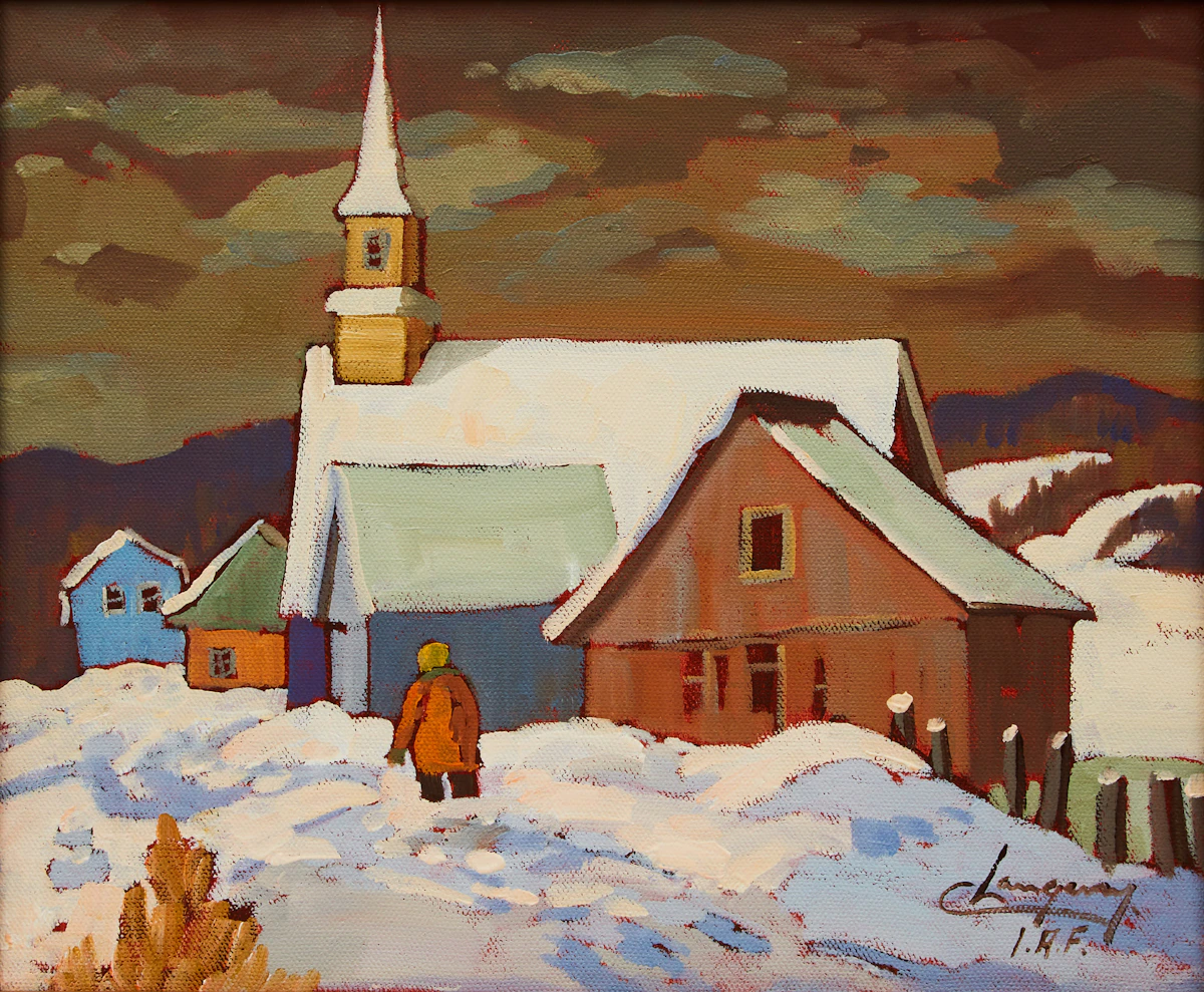 Claude Langevin, Winter Village Scene, oil on canvas