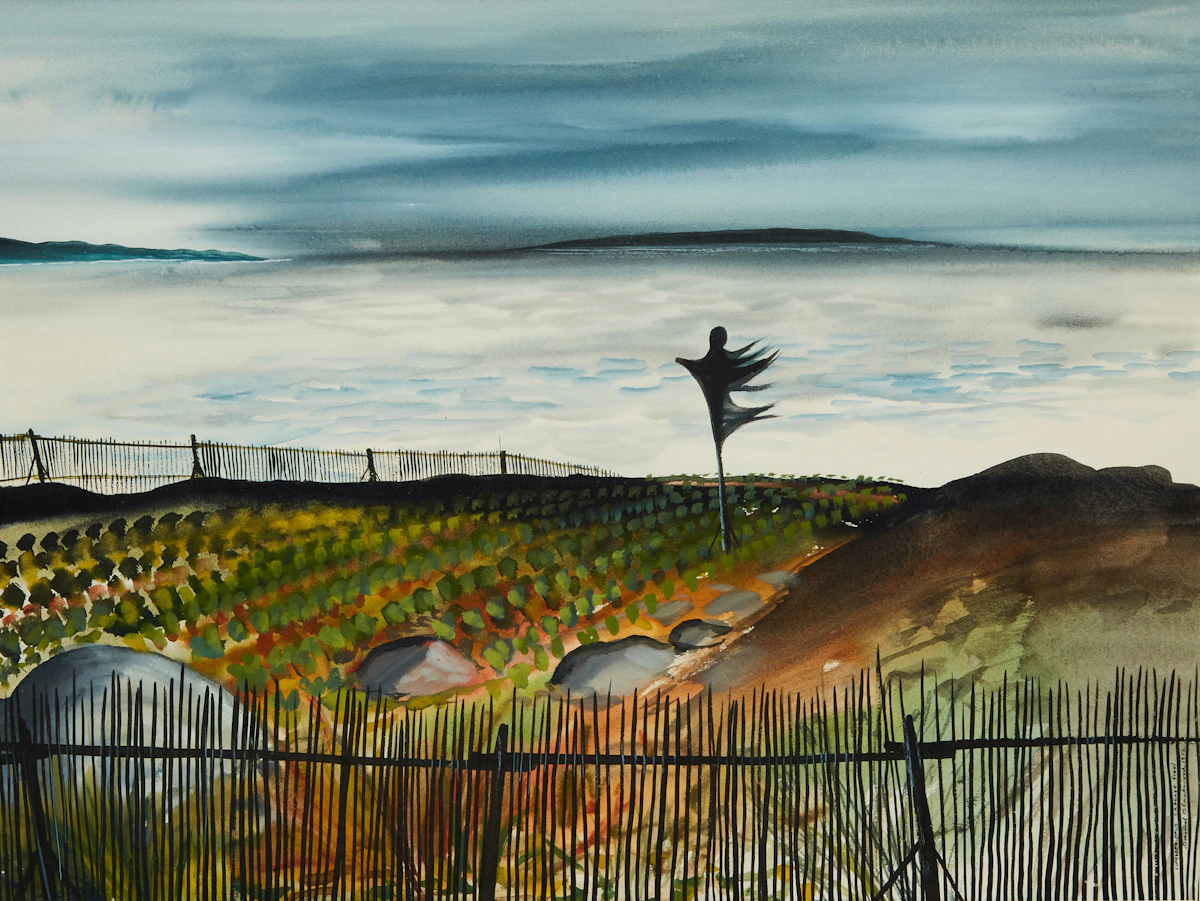 David Lloyd Blackwood, Lumsden, Newfoundland (Cabbage Field), mixed media on paper, 1972
