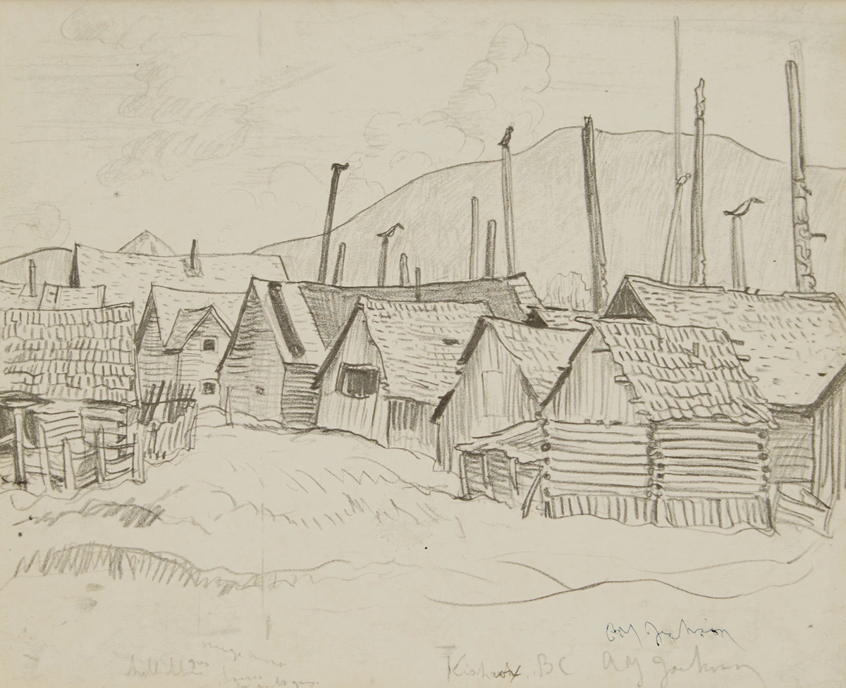 Alexander Young Jackson, Potlatch Houses and Totem Poles in Kispiox on the Upper Skeena River, B.C., photolithograph