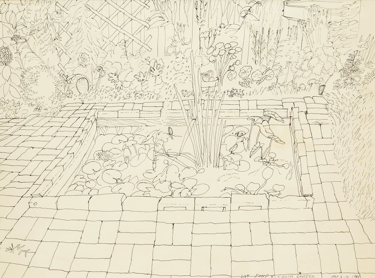 Gregory Richard Curnoe, Lily Pond and Flower Garden (1985), pen and ink on paper, 1985