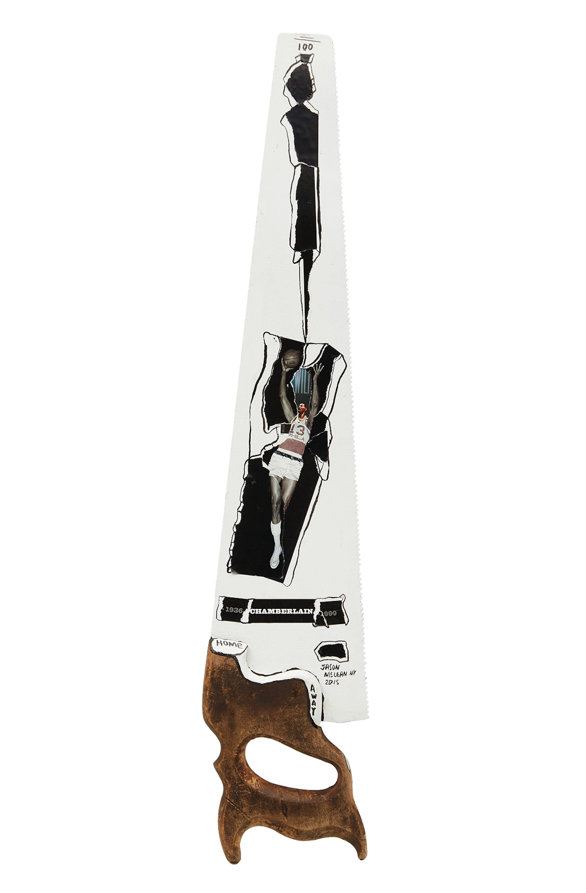 Jason McLean, I Saw Wilt, mixed media collage on saw, 2015