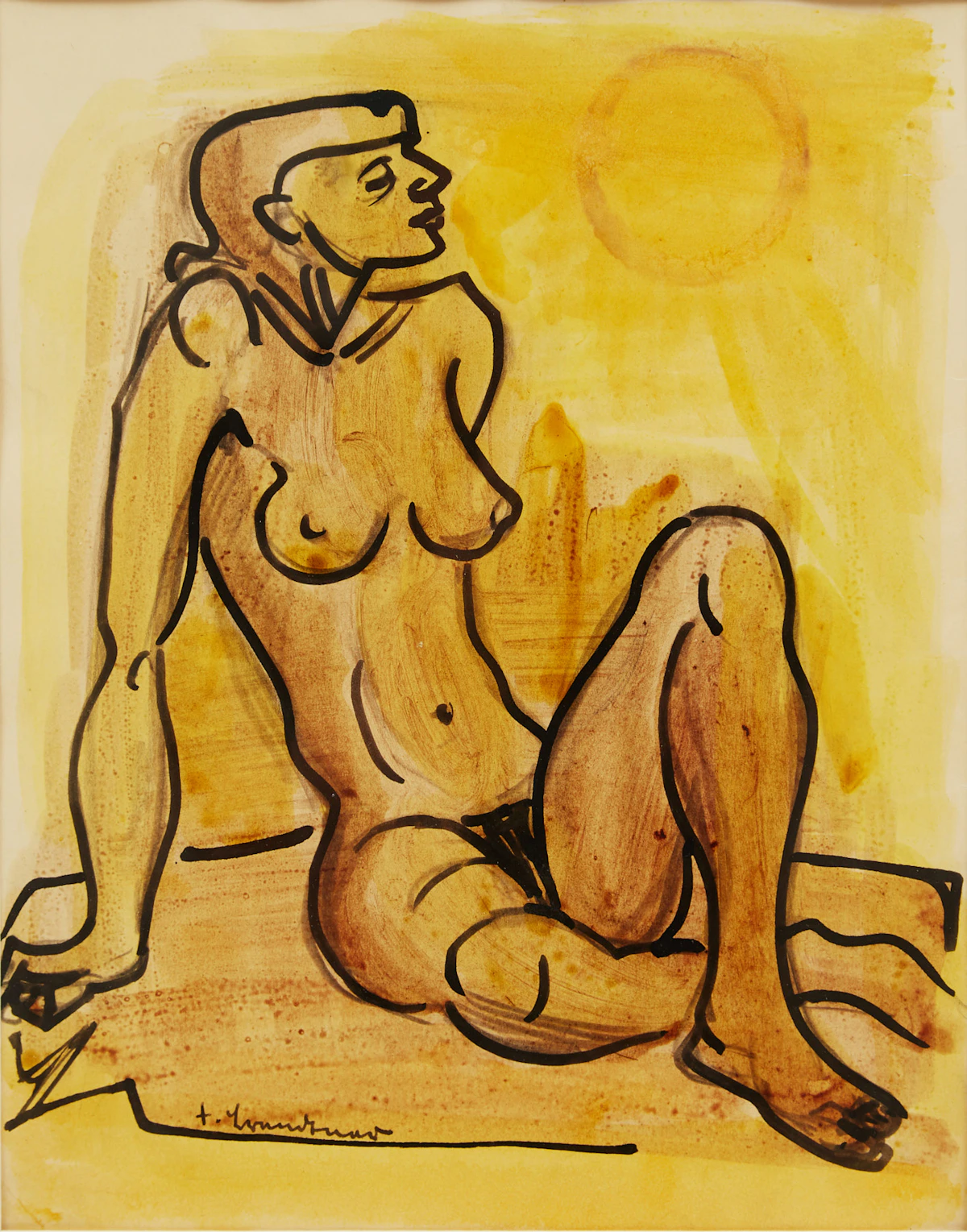 Fritz Brandtner, Seated Nude, coloured inks on paper