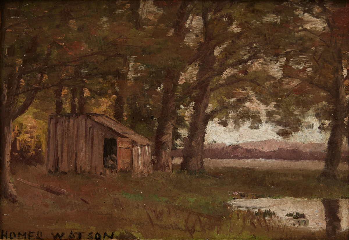 Homer Ransford Watson, Sketch of a Cabin, oil on board